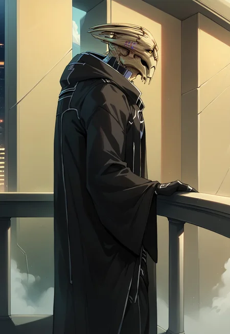 score_9, score_8_up, score_7_up, mass effect, BREAK, sarenarterius, 1boy, male, alien, solo, black formal clothes, clothing, hood, yellow eyes, black sclera, looking away, standing on balcony, leaning against balcony, open mouth, outdoors, city skyline, monumental architecture, Cyberpunk Architecture, detailed background, science fiction, scifi, futuristic, future, mountains in the background