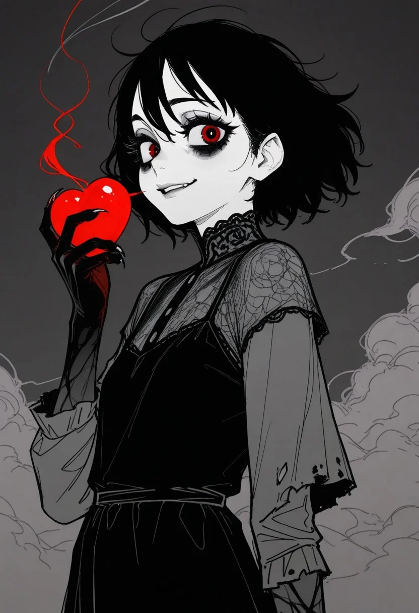 tfaix
bags under eyes, big eyes, (black eyeshadow:0.8), thick eyelashes,
monochrome, greyscale,
upper body, short hair, messy black hair, hair blowing in wind, mouth open. mist rising in clouds, glowing red eyes, black lace dress torn sleeves, from side, sideways glance, looking at viewer, smirk, from below, hand raise, clawed hand, monster hand, holding a heart,
masterpiece, best quality, amazing quality,
sketch, unfinished, messy lineart,
horror \(theme\),
(in style of fujimoto tatsuki \(style\),:1.2) (norakura \(nr kura\):1.2),