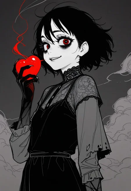 tfaix
bags under eyes, big eyes, (black eyeshadow:0.8), thick eyelashes,
monochrome, greyscale,
upper body, short hair, messy black hair, hair blowing in wind, mouth open. mist rising in clouds, glowing red eyes, black lace dress torn sleeves, from side, sideways glance, looking at viewer, smirk, from below, hand raise, clawed hand, monster hand, holding a heart,
masterpiece, best quality, amazing quality,
sketch, unfinished, messy lineart,
horror \(theme\),
(in style of fujimoto tatsuki \(style\),:1.2) (norakura \(nr kura\):1.2),
