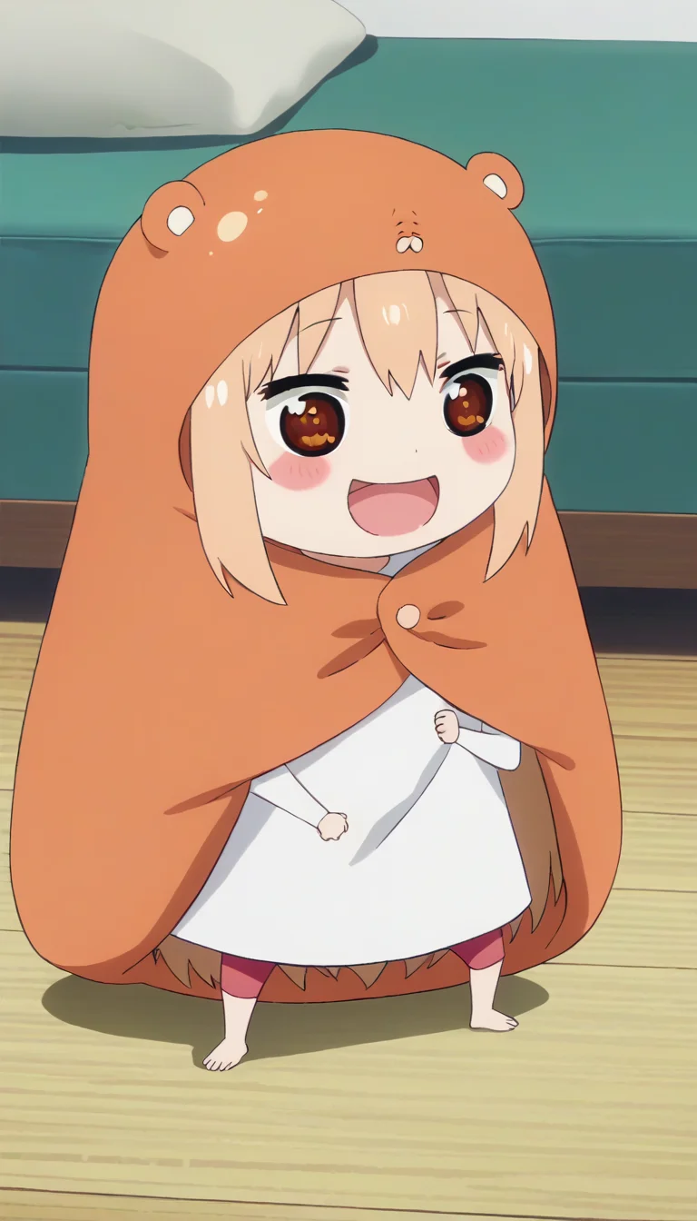 score_9,score_8_up,masterpiece,best quality,correct anatomy,anime_source,1girl,solo,perfect eyes,perfect arms,perfect legs,perfect face,indoors,happy,Doma Umaru-Chibi,chibi,hood,animal costume,long hair,light brown hair,sidelocks,bangs,brown eyes,blush stickers,open mouth,white shirt,pink pants,barefoot,<lora:Doma Umaru-Chibi(huc)-Pony:1.6>,