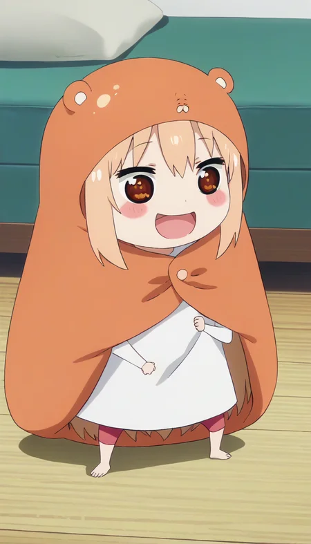 score_9,score_8_up,masterpiece,best quality,correct anatomy,anime_source,1girl,solo,perfect eyes,perfect arms,perfect legs,perfect face,indoors,happy,Doma Umaru-Chibi,chibi,hood,animal costume,long hair,light brown hair,sidelocks,bangs,brown eyes,blush stickers,open mouth,white shirt,pink pants,barefoot,<lora:Doma Umaru-Chibi(huc)-Pony:1.6>,