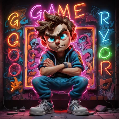 pc gamer boy , graffiti neon images of a neon lit sign with the text 'Game Over'
