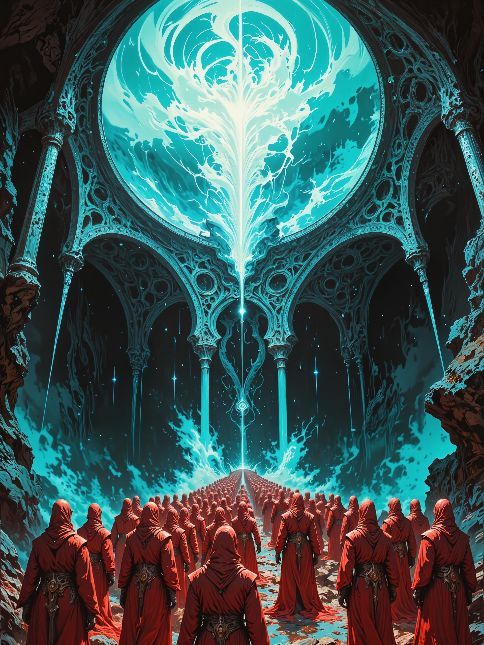 famous sci-fi artwork, hyper realistic, uhd, 8k, 4k, gorgeous, beautiful, dramatic, rule of thirds composition, epic, highly aesthetic, accurate, vibrant, beckoning, the children of the night, the spirits of the undead, and the lesser lights, now the time has come to reach out, we must heed their calls, when strange gateways beckon, cold light, eldritch vapors rising from deep chasms, gravity-defying architecture, a crowd of crimson cultists is standing in line on the middle of a long ornate bridge with identical arches, lovecraftian, cthulhu mythos, ovg, digital illustration, style of rembrandt, in the style of ckpf, <lora:style-rembrandt-flux-by_tangbohu:0.44> <lora:style-painterly_fantasy-flux-by_chronoknight:0.76> <lora:style-fantastic_landscapes-flux-by_artifyai:0.4> <lora:epic_gorgeous_details-balance-flux-by_flyway:0.28>