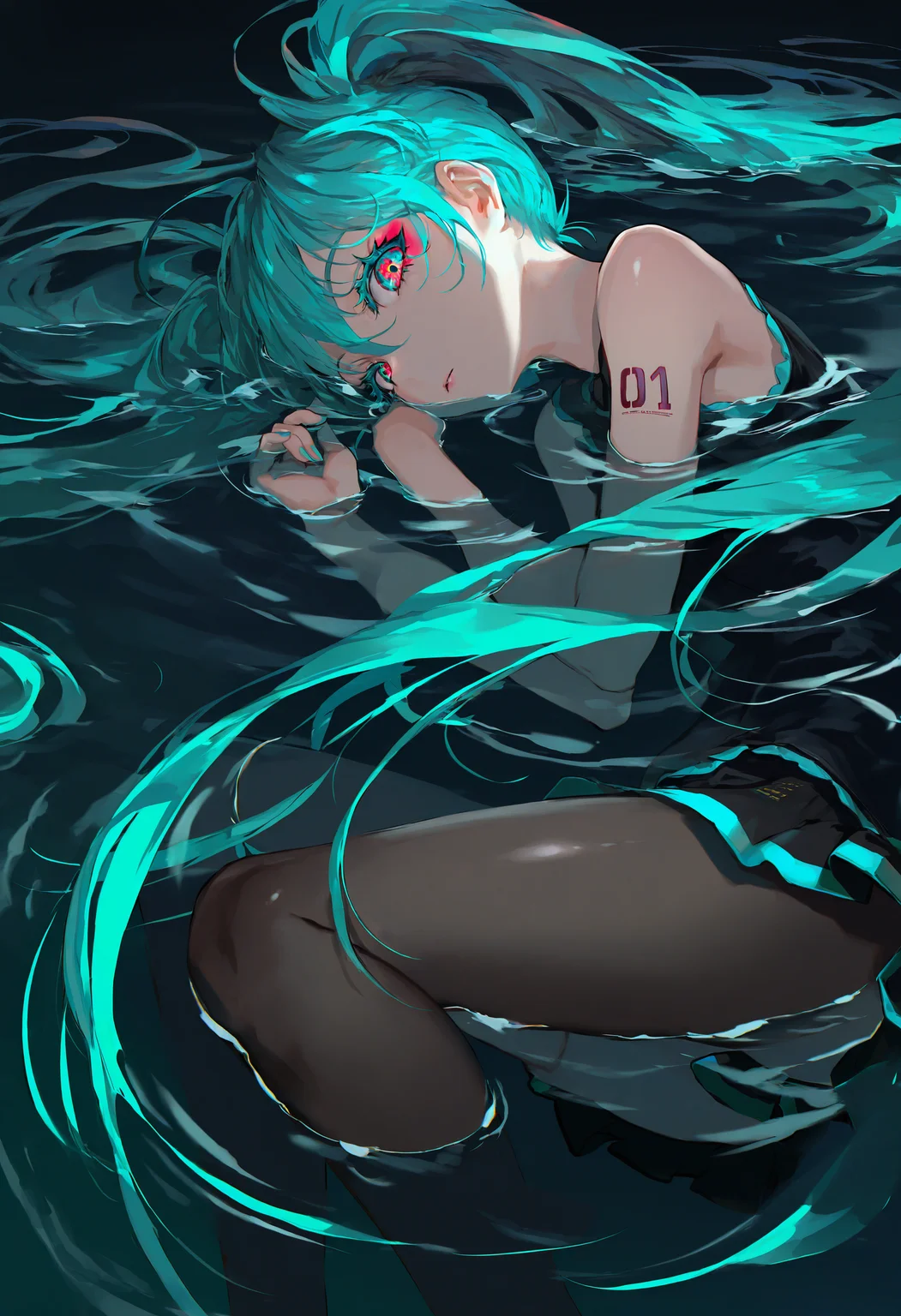 by [lack|fuzichoco|lam|kinta \(distortion\)|wlop|quasarcake|nixeu|happoubi jin|miyajima reiji|demizu posuka],
1girl, hatsune miku, solo, looking at viewer, colored eyelashes, long eyelashes, makeup, aqua eyes, red eyes, multicolored eyes, multicolored hair, circle formation, single vertical stripe, black theme, aqua theme, ocean, lying, on side, bioluminescence, black theme, night sky, dark, deep glow, partially submerged, legs,
masterpiece, best quality, very aesthetic, absurdres
<lora:illustrious_all_rated_v1:1>