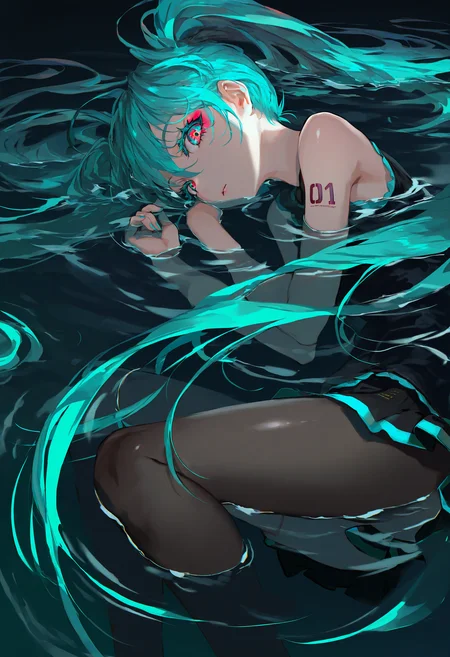 by [lack|fuzichoco|lam|kinta \(distortion\)|wlop|quasarcake|nixeu|happoubi jin|miyajima reiji|demizu posuka],
1girl, hatsune miku, solo, looking at viewer, colored eyelashes, long eyelashes, makeup, aqua eyes, red eyes, multicolored eyes, multicolored hair, circle formation, single vertical stripe, black theme, aqua theme, ocean, lying, on side, bioluminescence, black theme, night sky, dark, deep glow, partially submerged, legs,
masterpiece, best quality, very aesthetic, absurdres
<lora:illustrious_all_rated_v1:1>