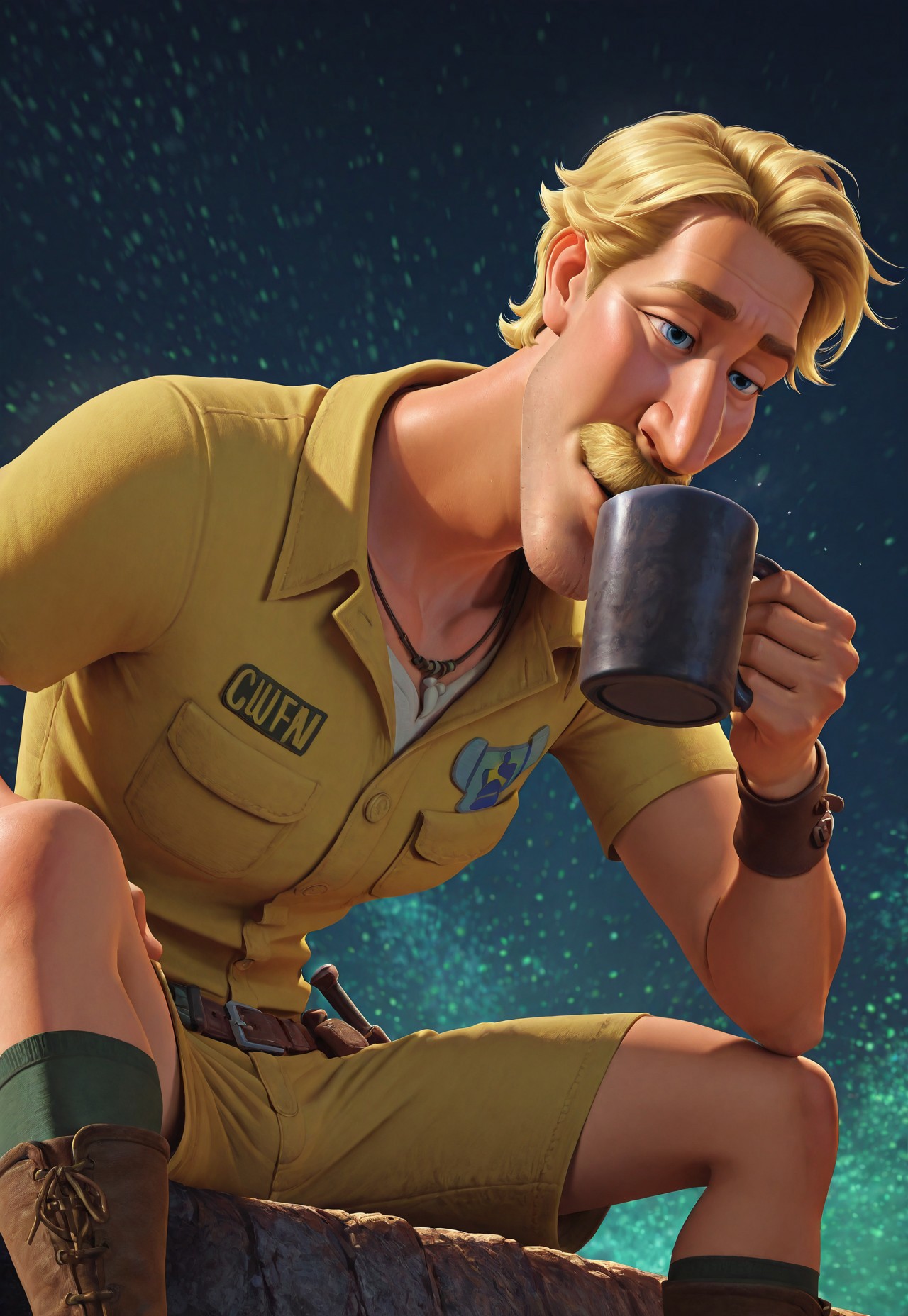 masterpiece, best quality, amazing quality, detailed background, intricate details, dynamic, cinematic, animated, anime realistic shading, solo, male focus, 1boy, handsome, ch4z, blond hair, blue eyes, thick moustache, stubble, necklace, beige zoo uniform, beige shorts, utility belt, leather wristband, dark green socks, brown boots, coffe mug, drinking, abstract background, action shot, dutch angle
