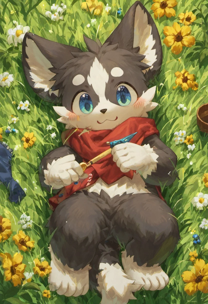 levelonerubili, 1boy, solo, furry, rating_safe, round ears, domastic dog lying on grass, score_9, score_8_up, score_7_up, zPDXL3, holding, happy face, cute, kemono, blushing