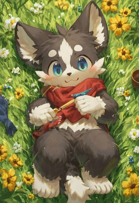 levelonerubili, 1boy, solo, furry, rating_safe, round ears, domastic dog lying on grass, score_9, score_8_up, score_7_up, zPDXL3, holding, happy face, cute, kemono, blushing