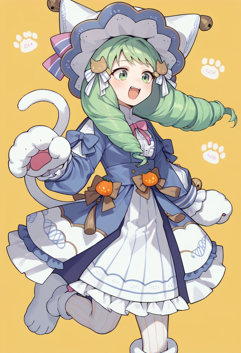 score_9, score_8_up, score_7_up, source_anime, 1girl, excited, running, BREAK <lora:FlaynFE-pdxl:1> 1girl, hlwnFlayn, long hair, drill hair, long sleeves, hair ornament, dress, frills, bow, striped pantyhose, hat, jack-o'-lantern, halloween costume, cat tail, bell, paw shoes, paw gloves, yellow background