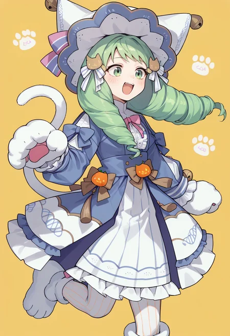 score_9, score_8_up, score_7_up, source_anime, 1girl, excited, running, BREAK <lora:FlaynFE-pdxl:1> 1girl, hlwnFlayn, long hair, drill hair, long sleeves, hair ornament, dress, frills, bow, striped pantyhose, hat, jack-o'-lantern, halloween costume, cat tail, bell, paw shoes, paw gloves, yellow background