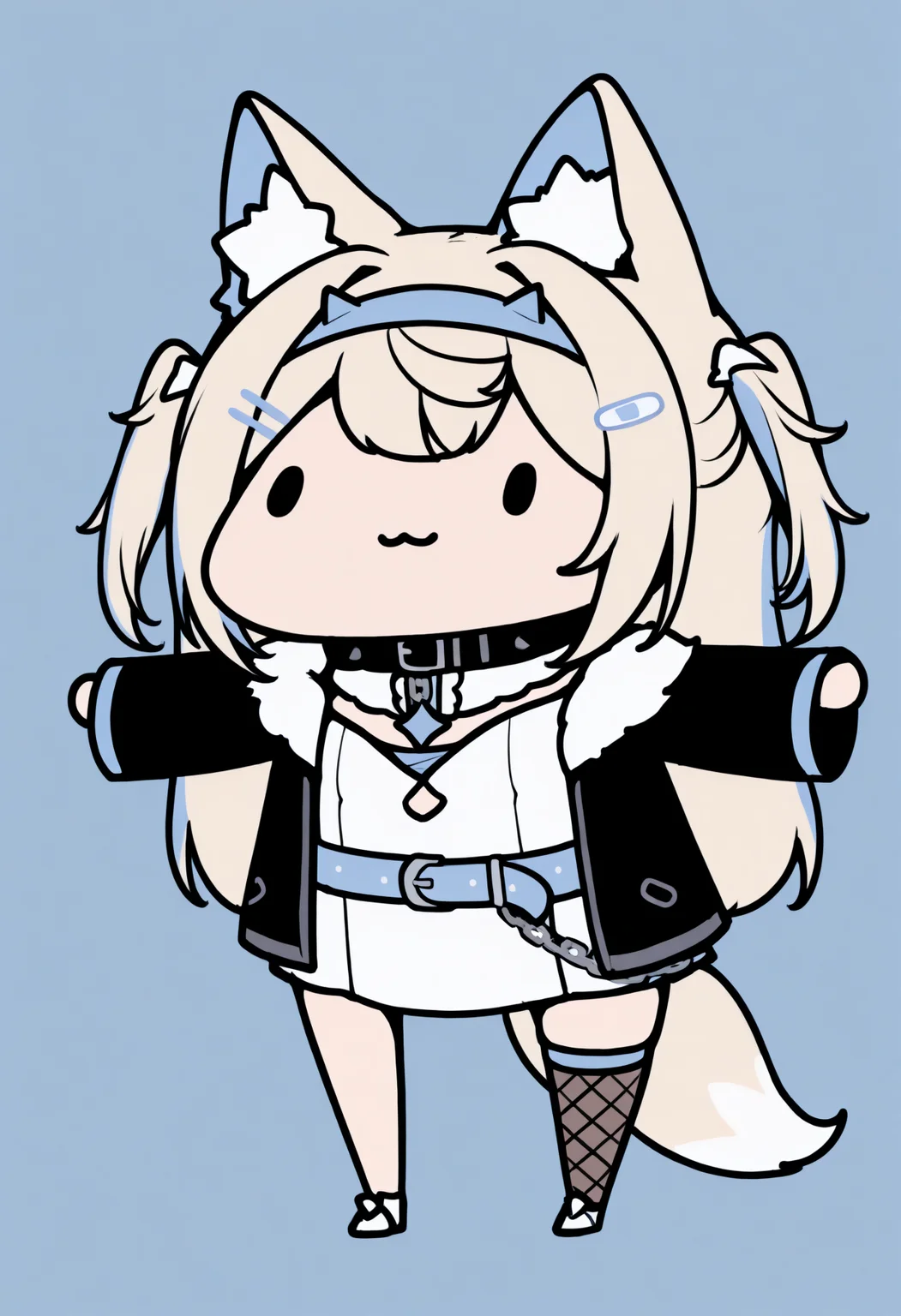 masterpiece, best quality, 1girl, solo, FuwwDef, blonde hair, blue streaks, dog ears, long hair, two side up, streaked hair, hairband, hairclip, tail, black collar, chain, white dress, short dress, detached collar, frilled shirt collar, clothing cutout, black jacket, fur-trimmed jacket, blue belt, single thighhigh, fishnet thighhighs, white sneakers, chibi, dot eyes, smile, :3, spread arms, lineart, meme, <lora:ChamFuwawaAbyssgardIllustriousXL:1>, <lora:style_walfie_illustriousXL-GLoRA:1>