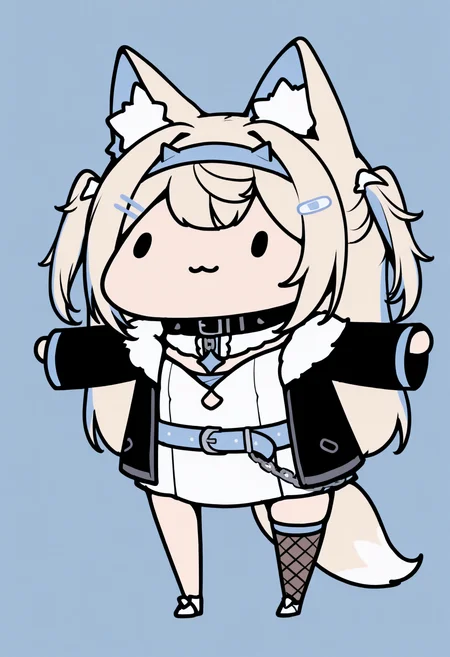 masterpiece, best quality, 1girl, solo, FuwwDef, blonde hair, blue streaks, dog ears, long hair, two side up, streaked hair, hairband, hairclip, tail, black collar, chain, white dress, short dress, detached collar, frilled shirt collar, clothing cutout, black jacket, fur-trimmed jacket, blue belt, single thighhigh, fishnet thighhighs, white sneakers, chibi, dot eyes, smile, :3, spread arms, lineart, meme, <lora:ChamFuwawaAbyssgardIllustriousXL:1>, <lora:style_walfie_illustriousXL-GLoRA:1>