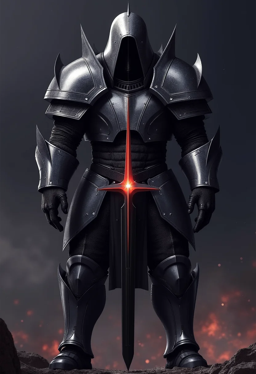 yfg-srs Minotaur in hooded black plate armor, fantasy, warhammer, 4k quality, high resolution, dark scenery, holding sword, glowing black sword, realistic, HKStyle, minotaur, black eyes, glowing red, demon armor, straight out of hell.