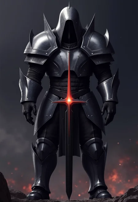 yfg-srs Minotaur in hooded black plate armor, fantasy, warhammer, 4k quality, high resolution, dark scenery, holding sword, glowing black sword, realistic, HKStyle, minotaur, black eyes, glowing red, demon armor, straight out of hell.