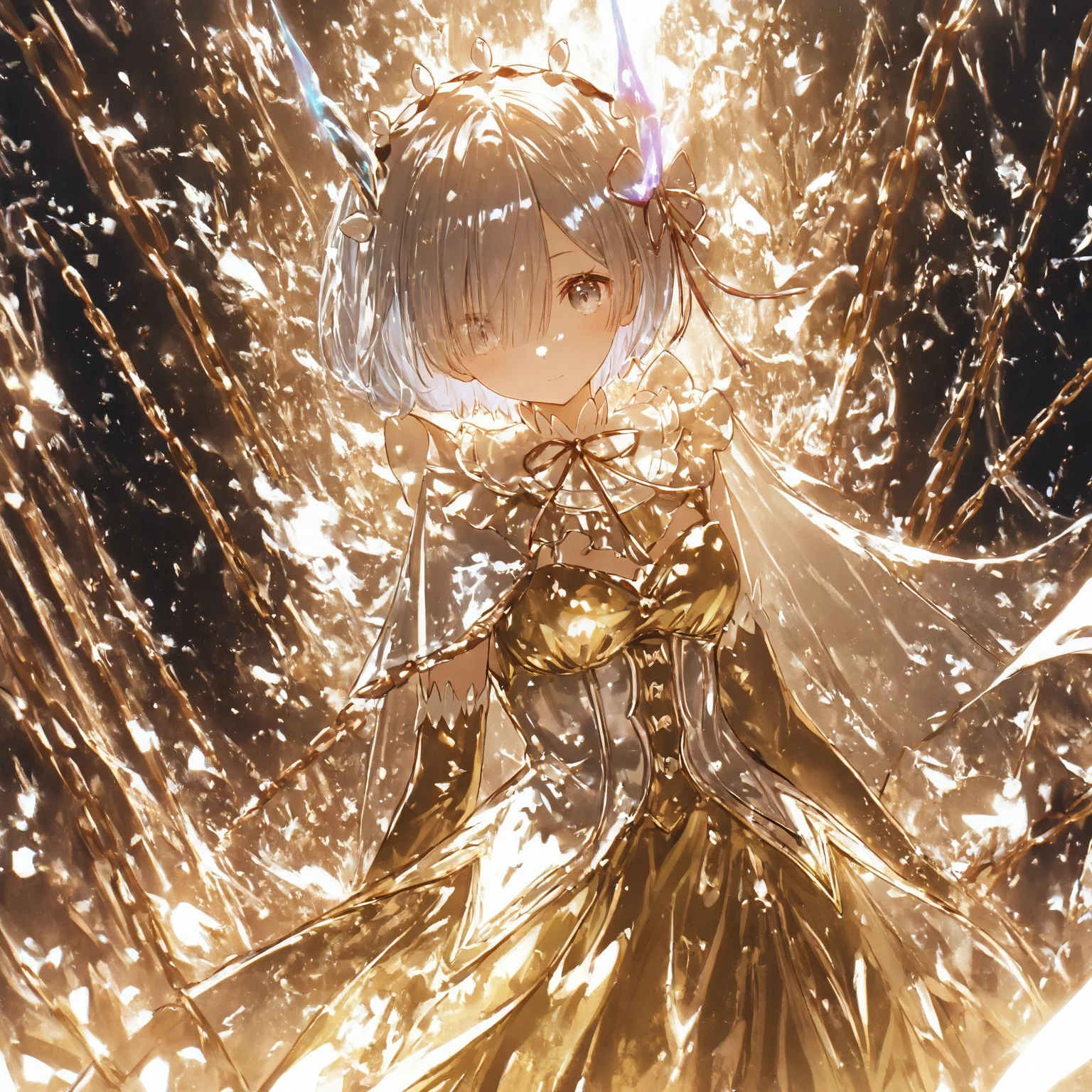 rem (re:zero), rem, glowing horn, silver capelet, gold dress, dress made of l1qu1dp34rl, metal, pearlescent, *pick a color, splash effect, masterpiece, best quality, very aesthetic, intricate details