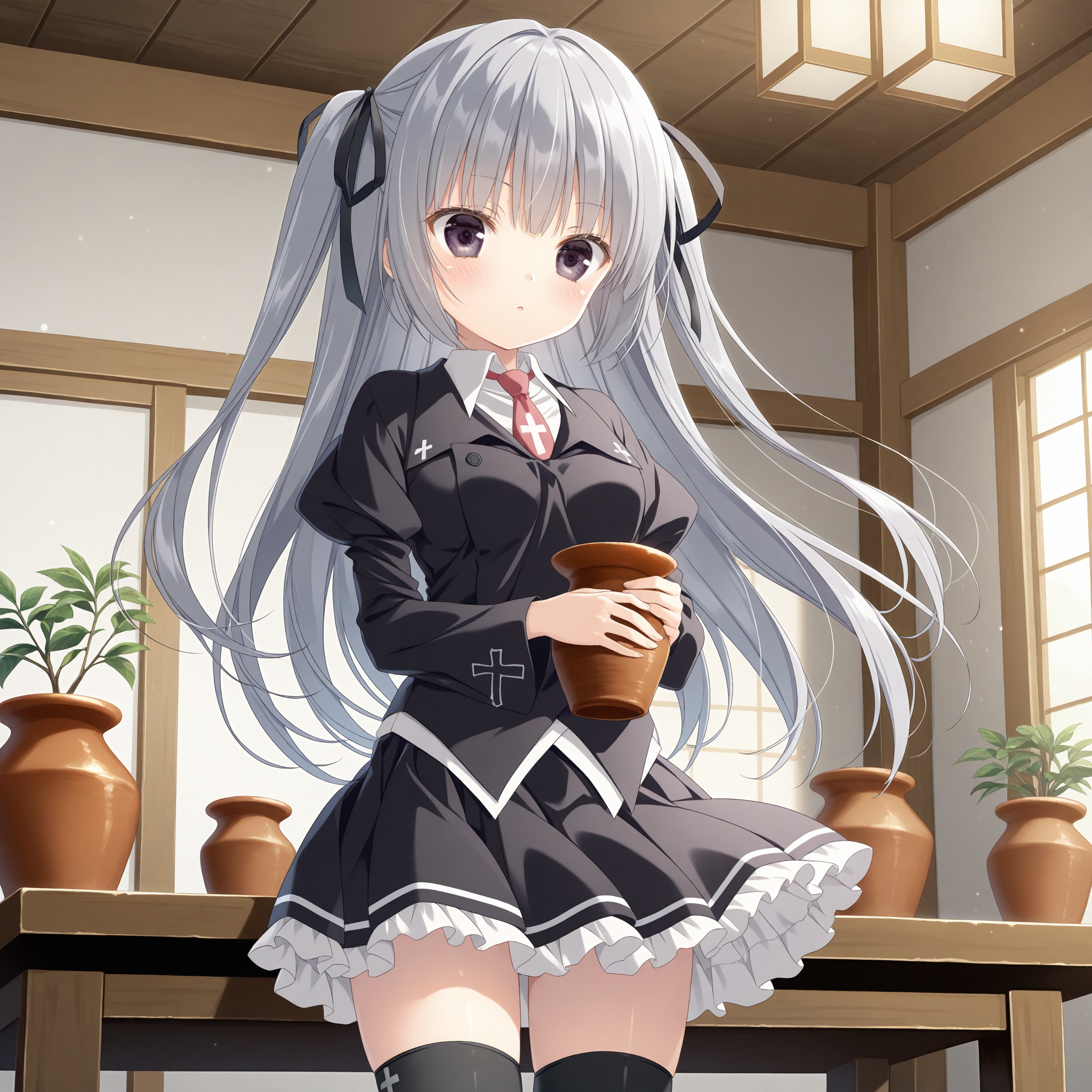 <lora:Nakamura_Reika_1_nai-000042:1>,Nakamura Reika,two side up,hair ribbon,
school uniform,long sleeves,black thighhighs,black ribbon,juliet sleeves,puffy sleeves,white shirt,red necktie,black jacket,collared shirt,frilled skirt,blazer,frills,black skirt,miniskirt,cross print,zettai ryouiki,pleated skirt,
1girl,solo,indoors,pottery,holding,table,chinako,looking_at_chinako,