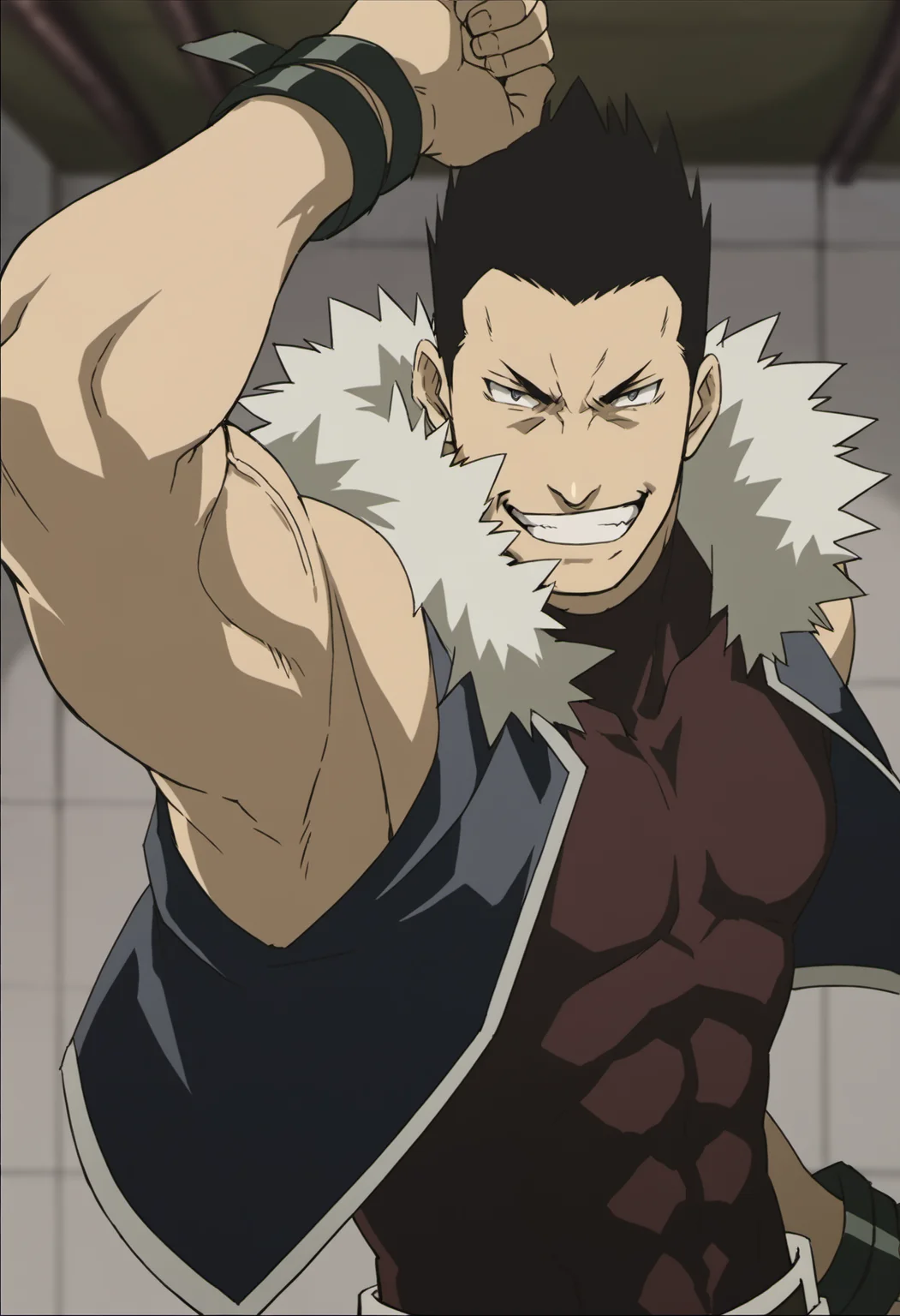 1boy, Greed_fma, very short hair, veiny arms, tight dark red shirt, sleeveless, black vest, open vest, fur trim, score_8_up, score_7_up, score_6_up, score_9_up, manly, muscular, muscle, a muscular man in warehouse,  centered, looking at viewer, face_focus, detailed eyes, 8k uhd, high quality, anime color,grin,fight pose