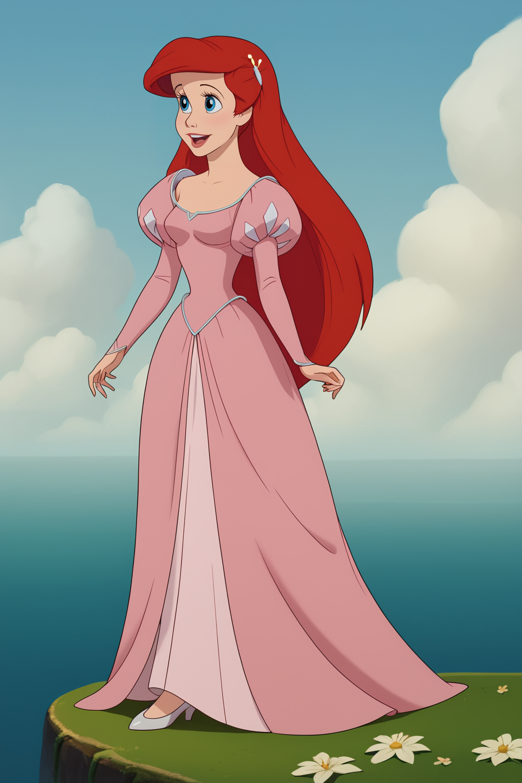 score_9, score_8_up, score_7_up, score_6_up, score_5_up, score_4_up, BREAK, <lora:Ariel_2-000006:1>, 1girl, Ariel, red hair, blue eyes, pink outfit, pink dress, juliet sleeves, full body