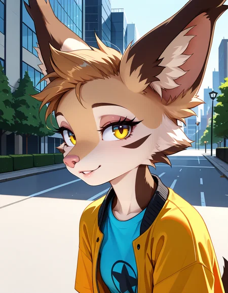 masterpiece, best quality, very aesthetic, absurdres,
outdoors, casual, t-shirt, open jacket,
upper body, posing, face focus,
seductive smile, parted lips, long eyelashes,
<lora:Catherine_v01_NAIXL:1>
C4th3r1n3,1girl,solo,furry,furry female,animal ears,animal ear fluff,short hair,brown hair,yellow eyes,snout,animal nose,body fur,multicolored fur,tail,