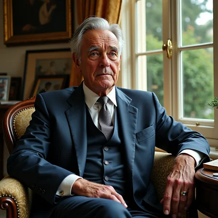The portrait is a stunning depiction of an elderly man, who appears to be in his late 60s or early 70s, sitting in a well-appointed room near a window. The man's face is a roadmap of life's experiences, with deep wrinkles and creases etched into his skin, telling stories of a lifetime of emotions and events. His eyes are a piercing blue, full of wisdom and intelligence, and they seem to gaze off into the distance, lost in thought.
The man is dressed in a sharp suit, with a crisp white shirt and a muted tie. His gray hair is neatly combed back, revealing a high forehead and a strong jawline. The man's posture is impeccable, with his back straight and his shoulders squared. He holds himself with a quiet dignity and confidence that comes from a lifetime of accomplishments.
The room around him is tastefully decorated, with elegant furnishings and thoughtful touches. A plush armchair sits nearby, with a small table next to it holding a cup of tea and a well-worn book. The walls are adorned with paintings and photographs, telling the story of the man's life and interests. A large window overlooks a lush garden, with sunlight streaming in and casting a warm glow over the room.
The overall effect of the portrait is one of quiet strength and understated elegance. The man's age and wisdom are evident, but so is his vitality and spirit. The portrait is a testament to a life well-lived, and a reminder of the beauty and dignity that comes with age and experience.