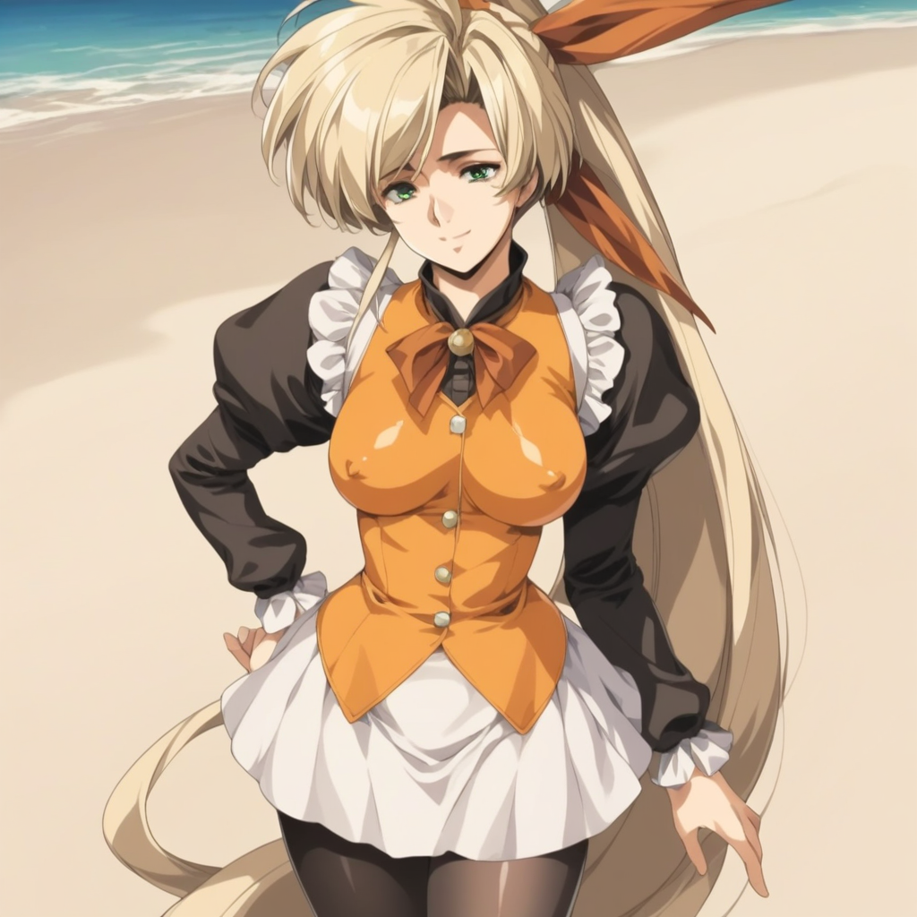 fr0nt1nn0c3ntStyl3, Style: Front Innocent, Artist Style: Urushihara Satoshi, 1girl, masterpiece, highres, high quality, fantasy, score_9, score_8_up, score_7_up, score_6, source_anime, rating_lewd, cowboy shot, mature female, Faye_(Front_Innocent), BREAK, beach, (covered nipples), seductive smile, smile BREAK, , BREAK, Faye, blonde hair,very long hair,high ponytail,very long sidelocks,hair bow,green eyes, dress,black shirt,orange vest,long_sleeves, white skirt,frills, black pantyhose, short boots,