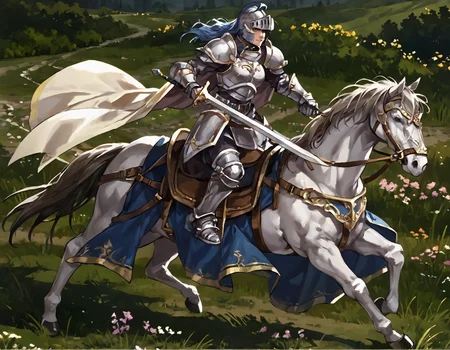 score_9,score_8_up,score_7_up,best quality,masterpiece,super detailed,extreme detailed,full_body,zPDXL BREAK (nature:1.1),(field:1.1),
<lora:Pony_DetailV2.0:1> BREAK 1girl,Cavalier,knight,armor,cape,gloves,helmet,horse,horseback riding,<lora:Cavalier:0.8>,holding sword,charging forward,fighting stance,