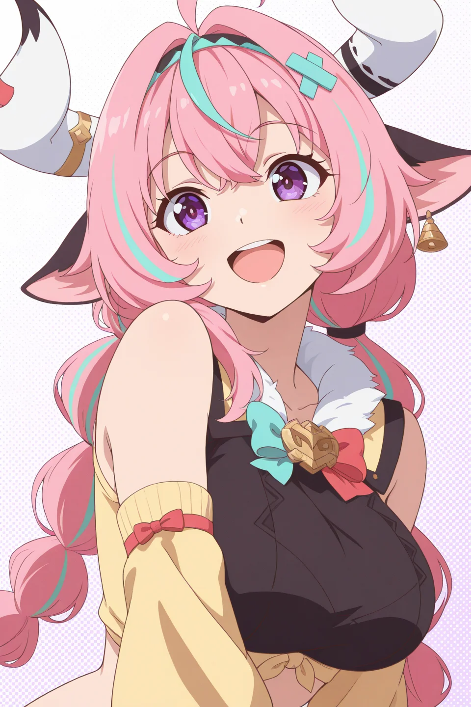 masterpiece, best quality, highres, simple background, anime coloring, upper body, smile, halftone background, happy, open mouth,
1girl, solo, varesa, purple eyes, pink hair, two-tone hair,
<lora:varesa_il_v1:0.8>
