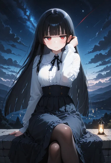 (masterpiece, best quality, newest, absurdres, highres),(anime coloring), 1 girl, long black hair, straight hair, blunt bangs, hime cut, red highlight, steaked hair, red eyes, eyelashes, eyeliner, mole, virgin killer outfit, white shirt, long skirt, pantyhose, slim body, big bust, jitome eyes, blush, disgusted face, adjusting hair, outdoors, dark background, star \(sky\), cloud, light particles, glowing, firefly, looking at viewer, sitting, on_wall, crossed legs, amazing quality, highres, very aesthetic, absurdres, newest, scenery
