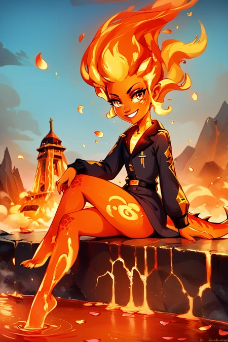 score_9, score_8_up, score_8, BREAK, , zzLavaGirl, black scales, colored skin, monster girl, orange skin, fire, fiery hair, red skin, molten rock, red hair, <lora:Lava_Girl_PDXL:1.0>, , BREAK, zzEiffelTower in background, sitting, watercraft, boat, sitting on wall, side view, looking at viewer, smile, ,,, BREAK, blooming stars, luminescent petals, otherworldly fragrance blurry background, ,,, embedding:zPDXL, Expressiveh, ,,, <lora:EiffelTowerPDXL:0.8>, <lora:CatalystStylePDXL:0.6>, <lora:SDXLFaeTastic2400:0.5>, <lora:Expressive_H-000001:0.4>,