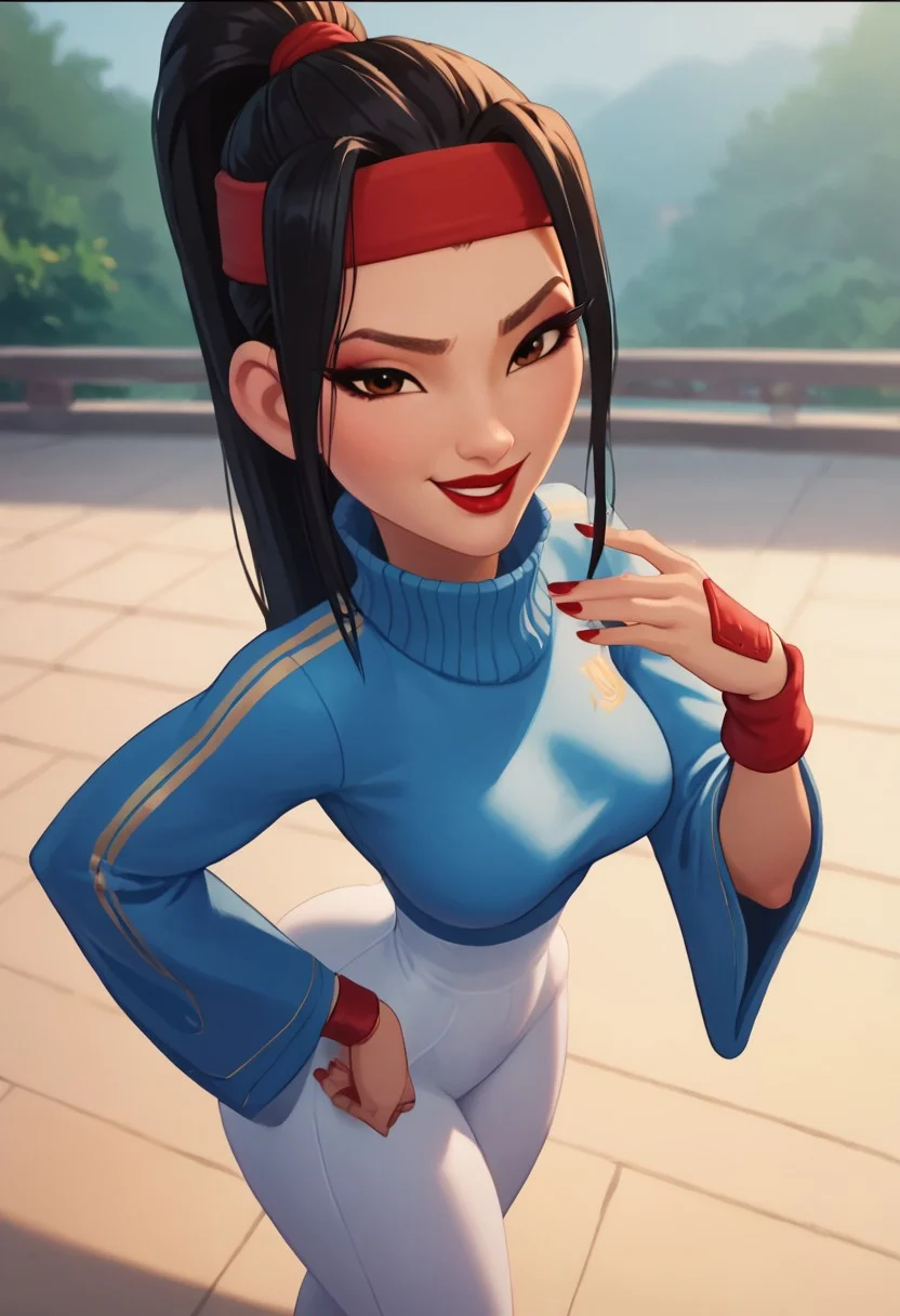 score_9, score_8_up, score_7_up, ultra quality, solo, 1girl, chang'e_tt, 1girl, asian, high ponytail (black hair, red headband), big eyelashes, brown eyes, makeup, red eyeshadow, red lipstick, red nails, red wristbands, blue track jacket (turtleneck, wide sleeves), light blue spandex, smug smile, big hips, big butt, bubble butt, breasts, narrow waist, curvy, score_9, score_8_up, score_7_up, score_6_up, looking at the viewer, standing, close up, view from above, screencap