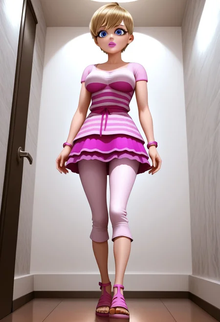 illustriouslogan, solo, Rose Lavillant, blonde hair, short hair, pixie cut, bangs, blue eyes, eyeliner, pink lipstick, magenta dress, short sleeves pink stripes, magenta stripes, pink mini skirt, light pink lacy hemlines, white capris pants, pink bracelets, pink sandals with brown soles, large breasts, standing, close up, from below, full body, indoor bathroom, white wall, brown floor