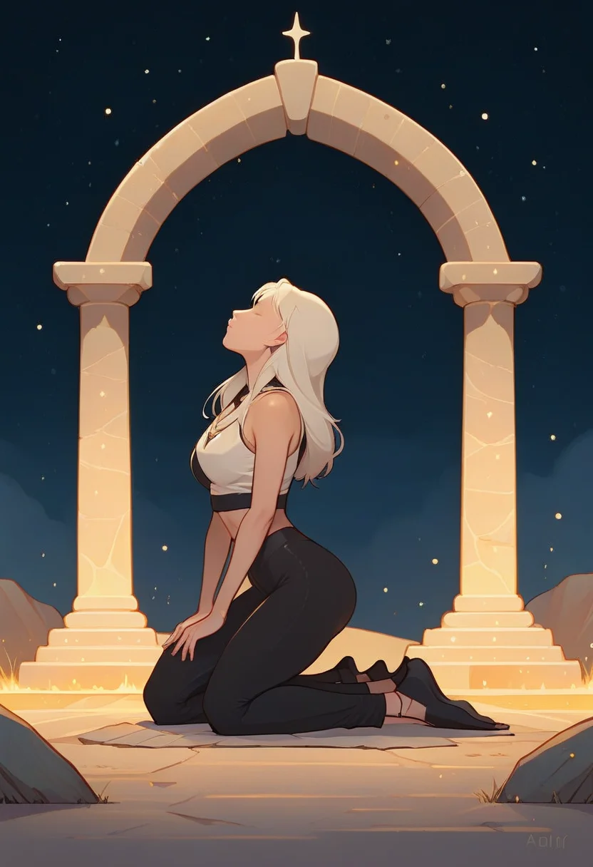 minimal1st, profile view, woman kneeling in front of a stone altar, night sky <lora:Minimalist_Anime_XL:1.1>