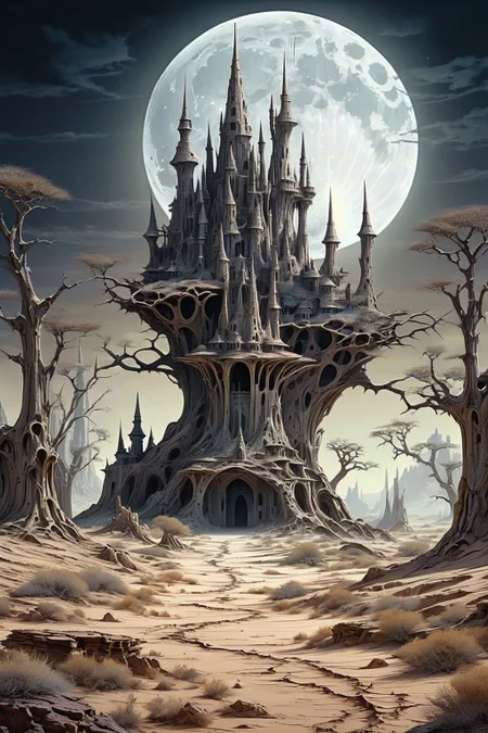 fantasy landscape with a Detailed majestic alien castle in the middle of a stoun cracked desert, dry trees, a huge full moon in the background, limited dark color palette, volumetric lighting
dagobahlnd <lora:DagobahLnd:0.7>, extremely high quality RAW photograph, detailed background, intricate, exquisite details and textures, highly detailed, ultra detailed photograph, warm lighting, artstation, sharp focus, high resolution, detailed skin, detailed eyes, 8k uhd, dskr, high quality, film grain, Fujifilm XT3