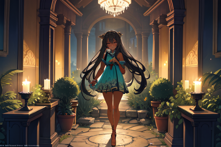 highly insanely detailed, masterpiece, top quality, best quality, highres, 4k, 8k, RAW photo, (very aesthetic, beautiful and aesthetic),  
Ancient Roman Interior Design,RomInt,peristyle_garden,lush_garden,Peristyle,pool,candlelight_ambience, 
<lora:RomanInterior-10:0>, 
(1girl:1.3), 
1other, 
(dark_skin,tan_skin,tanned skin,dark skin,dark-skinned,black-skinned,bronze skin,bronzed skin,cinematic Bronze tan tanning skin tone:1.1), 
very long hair,drill hair,swept bangs, 
, 
Stonehenge,ancient_stone_circle, 
,âââ