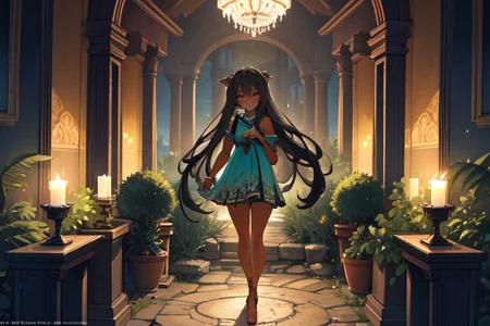 highly insanely detailed, masterpiece, top quality, best quality, highres, 4k, 8k, RAW photo, (very aesthetic, beautiful and aesthetic),  
Ancient Roman Interior Design,RomInt,peristyle_garden,lush_garden,Peristyle,pool,candlelight_ambience, 
<lora:RomanInterior-10:0>, 
(1girl:1.3), 
1other, 
(dark_skin,tan_skin,tanned skin,dark skin,dark-skinned,black-skinned,bronze skin,bronzed skin,cinematic Bronze tan tanning skin tone:1.1), 
very long hair,drill hair,swept bangs, 
, 
Stonehenge,ancient_stone_circle, 
,âââ