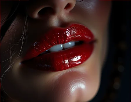 . A stunning close-up of a woman's lips with glossy red lipstick, highlighted by dramatic shadows, with the soft glow of moonlight in the background., <lora:bv-close-up-enhancer.safetensors:1.0:1.0>