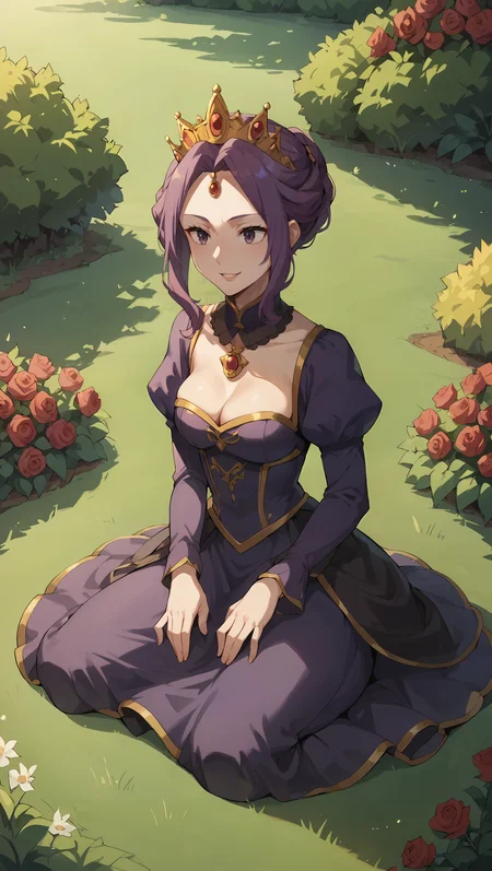 score_9,score_8_up,score_7_up,score_6_up, source_anime, zPDXL, <lora:Mirelia Q - Pony:0.7>, woman, purple hair, purple eyes, crown, purple dress, gold details, long sleeves, royal dress, high collar, puffy sleeves, <lora:Wakfu_CartoonV02:0.5>, <lora:xl_more_art-full_v1:0.5>, rose garden, grass, garden, park, figure four sitting, smile, parted lips,