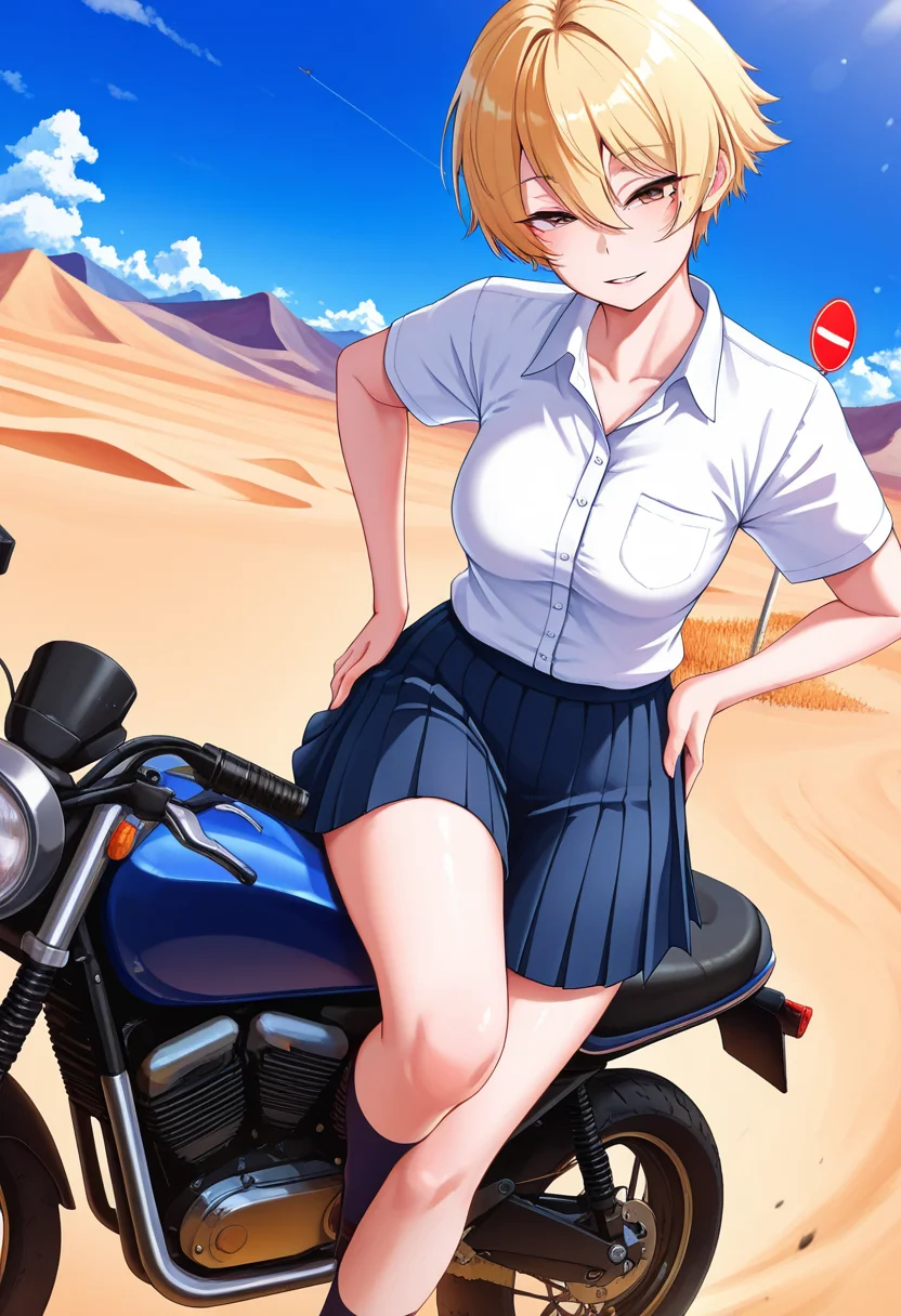 masterpiece, best quality, amazing quality, 1girl, solo, nanamiww, brown eyes, blonde hair, short hair, hair between eyes, medium breasts, mole under eye, school uniform, collared shirt, short sleeves, pleated skirt, <lora:Nanami_Niwasaki_Poolside_ill_v20:0.9>, dutch angle, seductive smile, parted lips, hand on own hip, looking at viewer, motor vehicle, motorcycle, riding, outdoors, day, desert, sand, road, cloud, mountain, road sign, blue sky, skindentation, detailed clothing folds, depth of field, sharp, high contrast, dynamic light