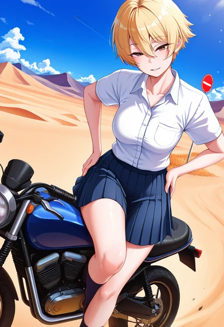 masterpiece, best quality, amazing quality, 1girl, solo, nanamiww, brown eyes, blonde hair, short hair, hair between eyes, medium breasts, mole under eye, school uniform, collared shirt, short sleeves, pleated skirt, <lora:Nanami_Niwasaki_Poolside_ill_v20:0.9>, dutch angle, seductive smile, parted lips, hand on own hip, looking at viewer, motor vehicle, motorcycle, riding, outdoors, day, desert, sand, road, cloud, mountain, road sign, blue sky, skindentation, detailed clothing folds, depth of field, sharp, high contrast, dynamic light