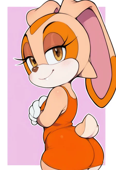 Cream The Rabbit, cute, cutest girl in the world, furry, short orange dress, smug,
score_9, score_8_up, score_7_up, 2d, flat colors, bold outline, white outline, wide hips, cute butt, bunny tail, from side, side view,