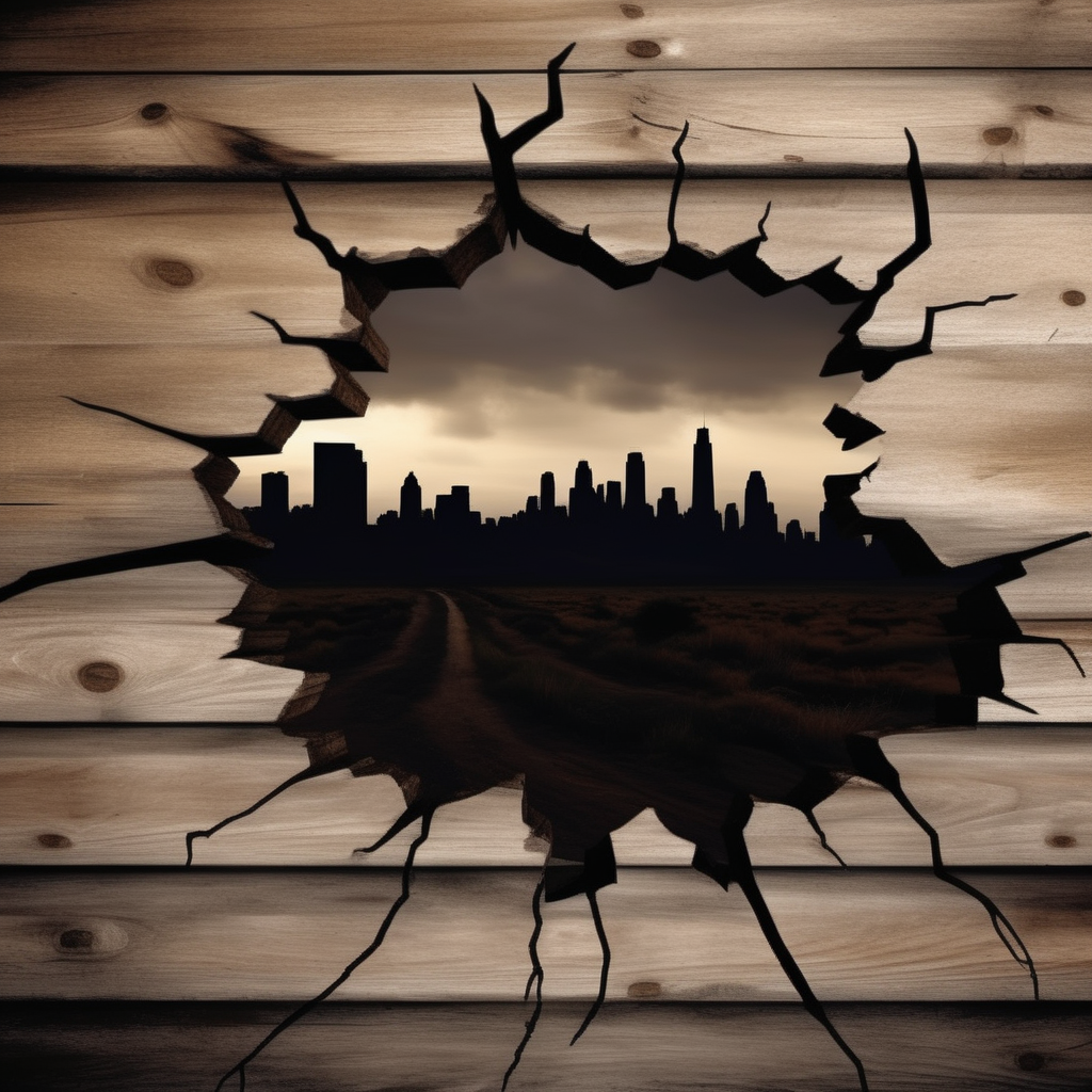 hole,A photorealistic image of a wooden wall that is cracked and broken in various places. Through these cracks, the viewer should see a terrifying, hellish landscape. The landscape could include elements like fire, demonic figures, or other unsettling imagery that evokes a sense of dread and horror. The wooden wall should have realistic textures, showing signs of age, wear, and possibly burn marks. The cracks should be jagged and irregular, as if torn open by some supernatural force. The lighting should enhance the eerie atmosphere, perhaps with flickering flames from the hellish scene casting unsettling shadows on the wooden wall, <lora:hole2:0.6>