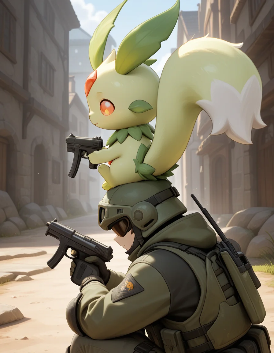 <lora:palworld_Lifmunk_V1[IL]:1> , lifmunk, holding submachine gun, sitting on persons head,, masterpiece,best quality, very aesthetic,absurdres,newest,