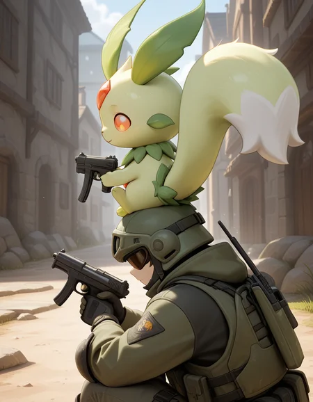 <lora:palworld_Lifmunk_V1[IL]:1> , lifmunk, holding submachine gun, sitting on persons head,, masterpiece,best quality, very aesthetic,absurdres,newest,