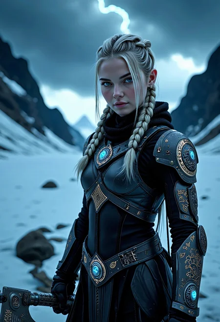 A captivating image emerges, focusing on a vikingpunk warrior-princess with her presence commanding attention in the icy wasteland. Her futuristic viking armor based on traditional viking armor, a seamless fusion of technology and her athletic form, slim-athletic form highlights her strength and agility. The warrior's twin braids with shaved sides, frames her determined expression, while her piercing eyes bore into the viewer. Ancient runes are etched into her battleaxe and armor, crackling with mystical glowing energy. The frozen landscape, a testament to her people's resilience, stretches into the distance, where dark, ominous clouds partially veil the rugged mountainous pass, filling the air with crispness and the promise of lightning. This artwork, with its Nordic and Viking-inspired elements, captures the essence of a powerful futuristic figure, seamlessly blending ancient traditions with futuristic innovations. Beauty, chiaroscuro, play of shadow and light, realistic,  <lora:flux/ARTifacts>,  <lora:flux/flux_realism_lora>,  <lora:flux_trainer/fluxPunk_v12>,