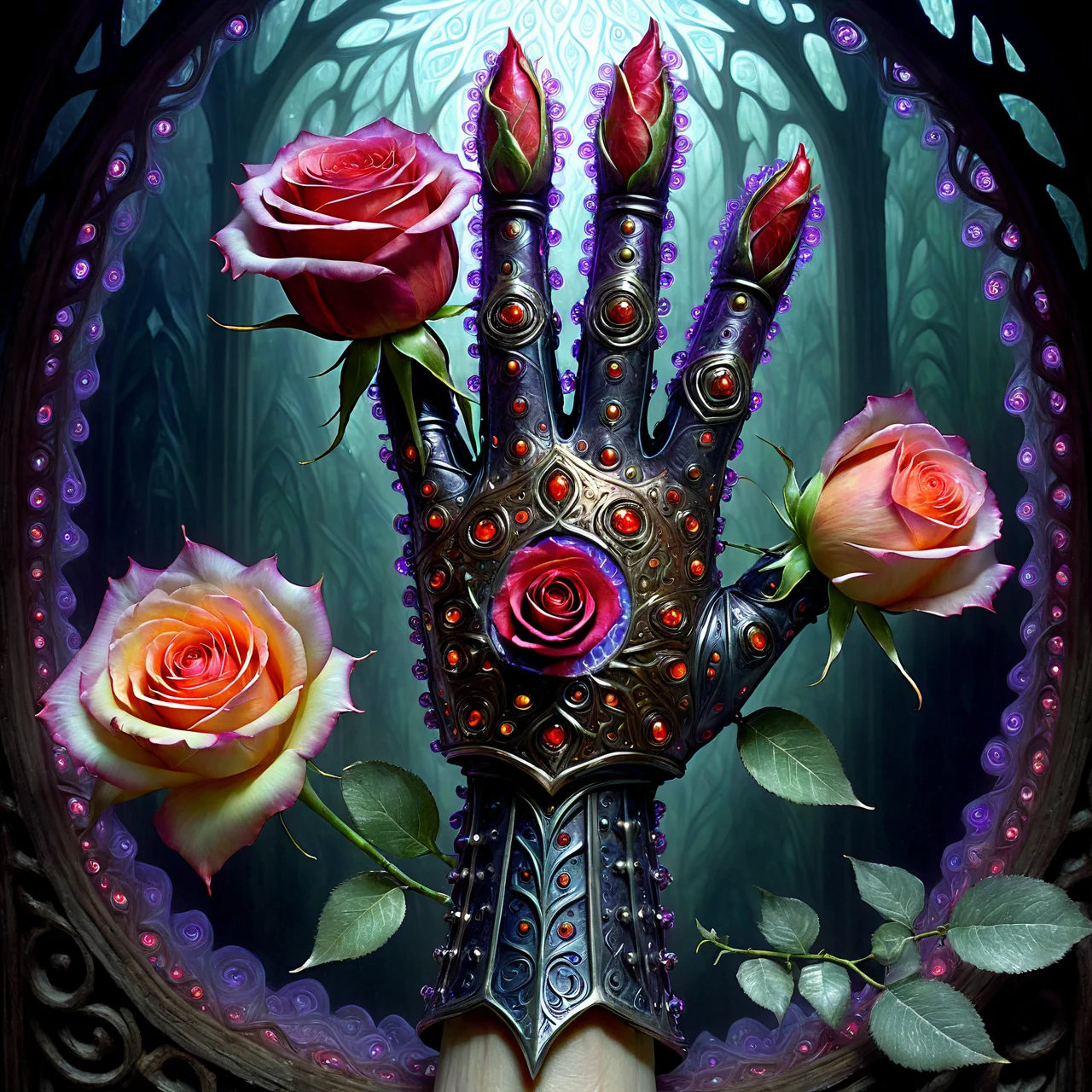 a magnificent picture of medieval gauntlet holding a rose, very detailed, intricate, dw01-3400, warm colour palette