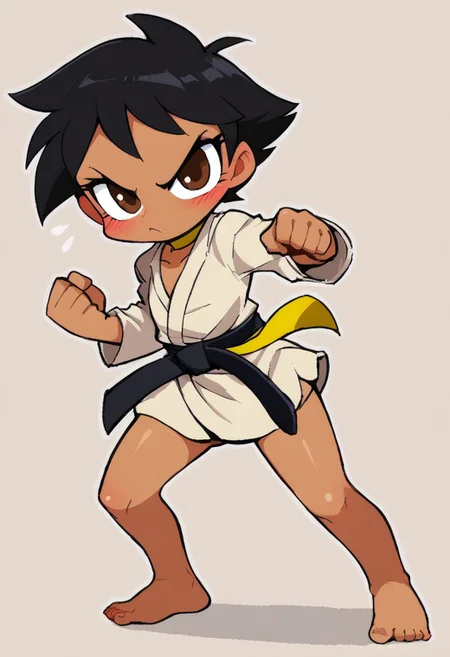 score_9, score_8_up, score_7_up, BREAK, adult, makotoxl, black hair, brown eyes, brown skin color, --- short hair, or spiked hair,short hair, yellow ribbon choker, black belt, or martial arts belt, white dougi, or Gi, - barefoot, flat chest, medium size butt, medium size hips, cute blush,[ Cute Toon | Lora Style ~✨, ng_deepnegative_v1_75t, squat, fighting pose, knee on ground, (CSPNY1:1.0