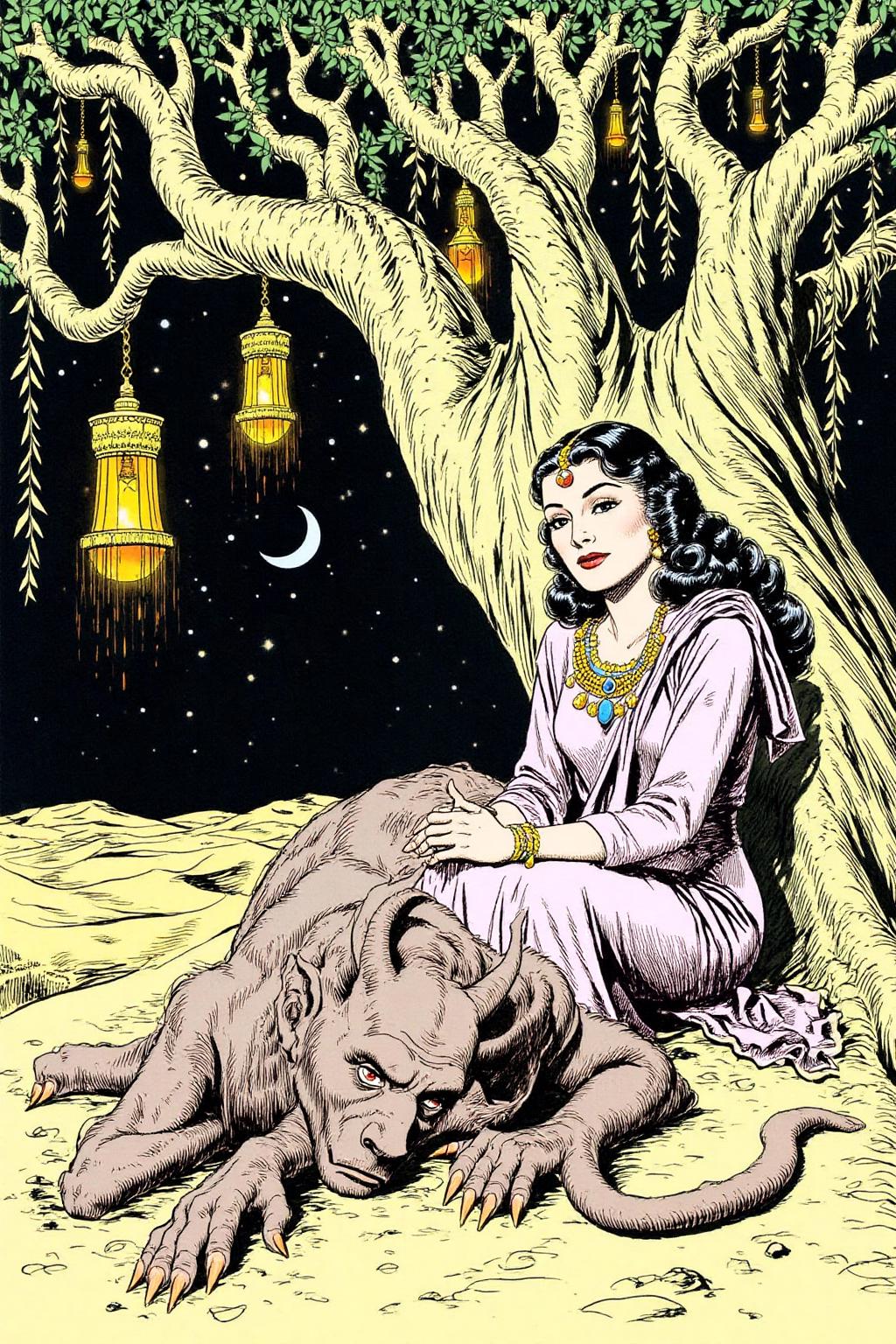 alexray1 drawing
a scene from Arabian Nights, rendered in intricate, colorful detail. A beautiful woman and a sleeping demon. The woman sits gracefully under a sprawling tree with lush, curving branches and hanging vines. She has striking, almond-shaped eyes, dark flowing hair, and wears elegant traditional attire with ornate jewelry that glimmers softly under the moonlight. Her expression is calm and serene as she gazes thoughtfully into the distance. Resting his head gently on her lap is a large demon with a powerful, otherworldly presence. The demon, though fearsome in size, appears vulnerable as he lies beside her. His skin has a muted, earthy tone, and his features--sharp and beastly--are softened by a look of weary contentment. His claws are retracted, and he exudes a mixture of strength and peace in her presence. The tree's twisted branches arc above them, framing the scene like a natural canopy. Golden lamps hang from the tree, casting warm, soft light, illuminating the two figures in a magical glow. The background is a deep, starry night, with hints of distant desert dunes and a crescent moon overhead, creating an enchanting and mystical ambiance that draws the viewer into this world of fantasy and myth.  <lora:alexray1_nocap_d6a3:1.0><lora:815512911385611668:0>