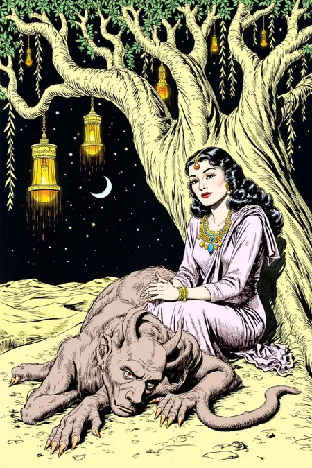 alexray1 drawing
a scene from Arabian Nights, rendered in intricate, colorful detail. A beautiful woman and a sleeping demon. The woman sits gracefully under a sprawling tree with lush, curving branches and hanging vines. She has striking, almond-shaped eyes, dark flowing hair, and wears elegant traditional attire with ornate jewelry that glimmers softly under the moonlight. Her expression is calm and serene as she gazes thoughtfully into the distance. Resting his head gently on her lap is a large demon with a powerful, otherworldly presence. The demon, though fearsome in size, appears vulnerable as he lies beside her. His skin has a muted, earthy tone, and his features--sharp and beastly--are softened by a look of weary contentment. His claws are retracted, and he exudes a mixture of strength and peace in her presence. The tree's twisted branches arc above them, framing the scene like a natural canopy. Golden lamps hang from the tree, casting warm, soft light, illuminating the two figures in a magical glow. The background is a deep, starry night, with hints of distant desert dunes and a crescent moon overhead, creating an enchanting and mystical ambiance that draws the viewer into this world of fantasy and myth. <lora:alexray1_nocap_d6a3:1.0><lora:815512911385611668:0>