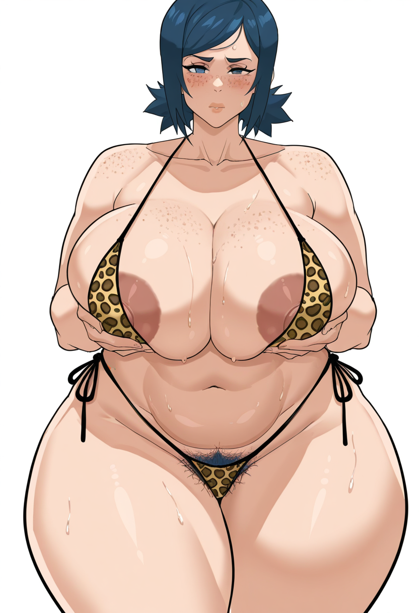 masterpiece, best quality, uncensored,
 <lora:cyberboi:1> c1b3rb01, 1girl, solo, breasts, looking at viewer, blush, blue eyes, simple background, white background, navel, blue hair, swimsuit, bikini, thighs, sweat, huge breasts, pubic hair, side-tie bikini bottom, female pubic hair, thick thighs, animal print, areola slip, curvy, wide hips, breast hold, freckles, plump, mature female, pubic hair peek, leopard print