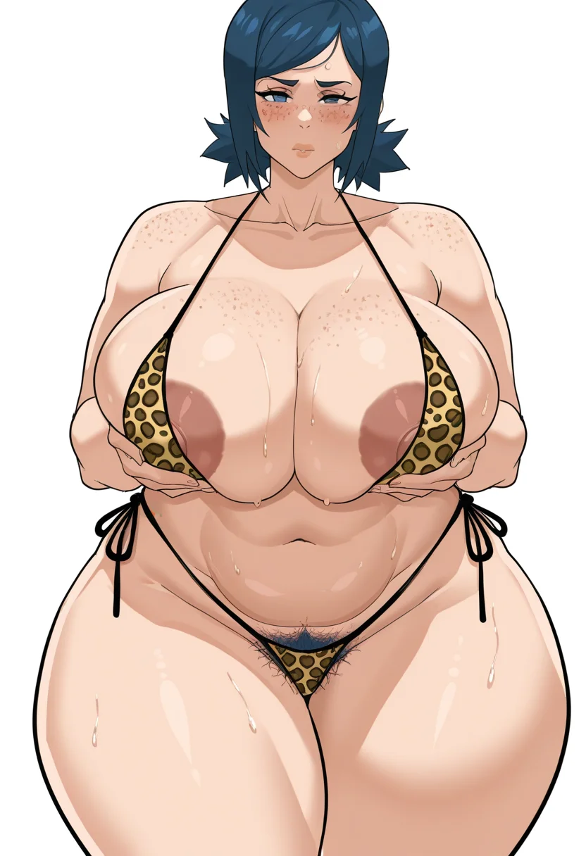masterpiece, best quality, uncensored,
 <lora:cyberboi:1> c1b3rb01, 1girl, solo, breasts, looking at viewer, blush, blue eyes, simple background, white background, navel, blue hair, swimsuit, bikini, thighs, sweat, huge breasts, pubic hair, side-tie bikini bottom, female pubic hair, thick thighs, animal print, areola slip, curvy, wide hips, breast hold, freckles, plump, mature female, pubic hair peek, leopard print
